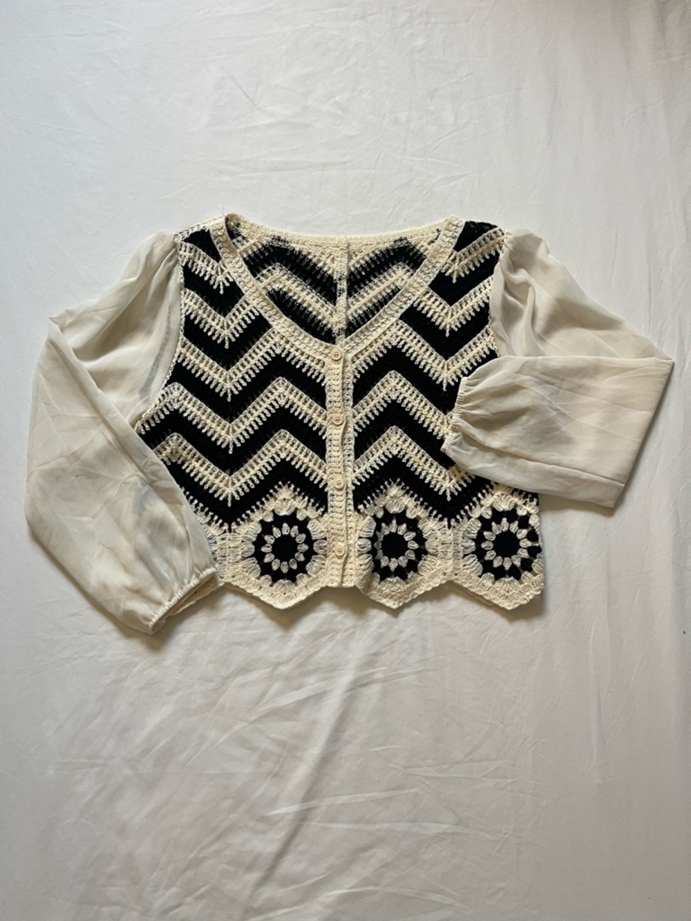 Crochet Crop Top with Sheer Sleeves - Black & Cream